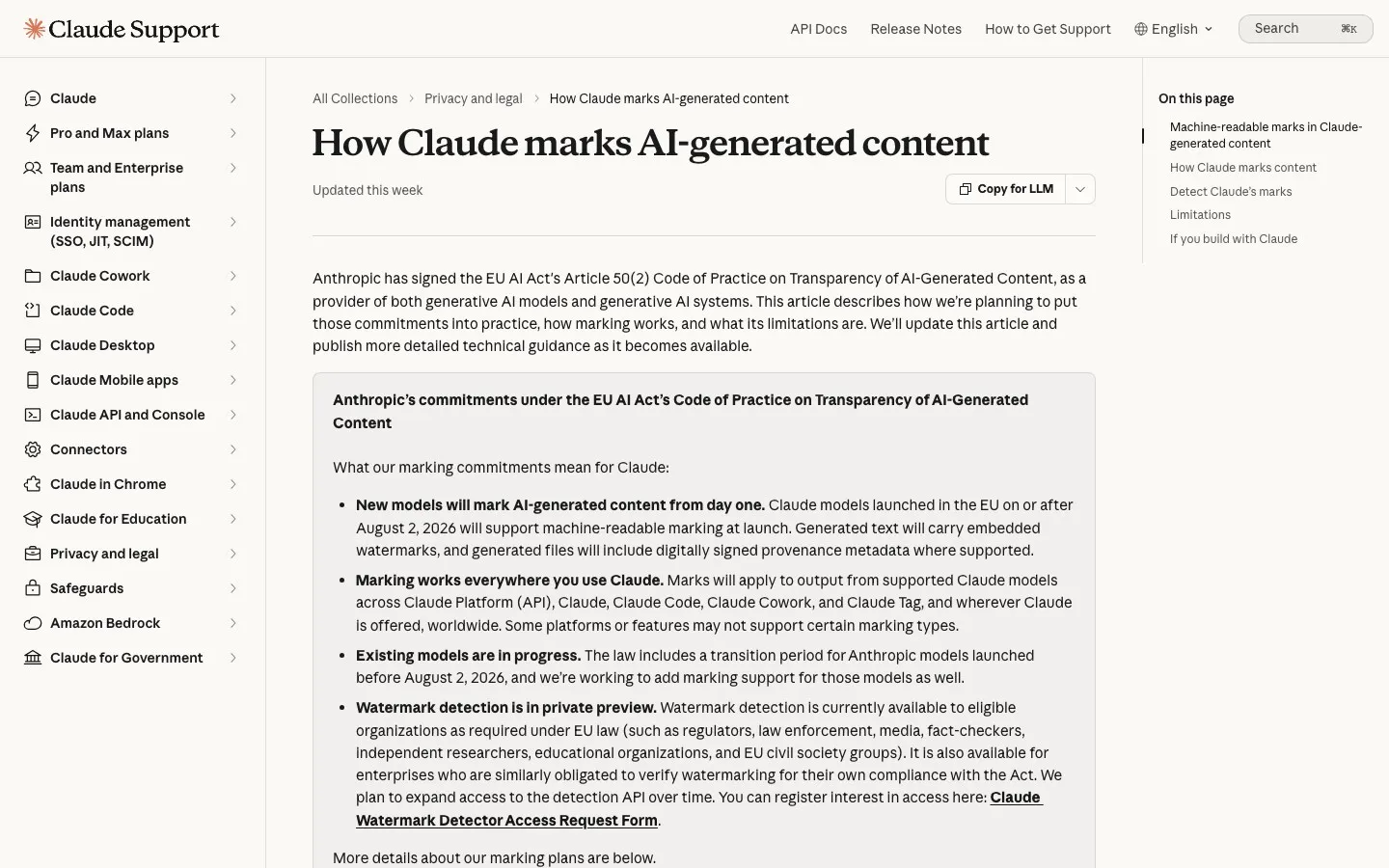 Anthropics supportsida How Claude marks AI-generated content, med punkten att detektorn är i privat förhandsvisning