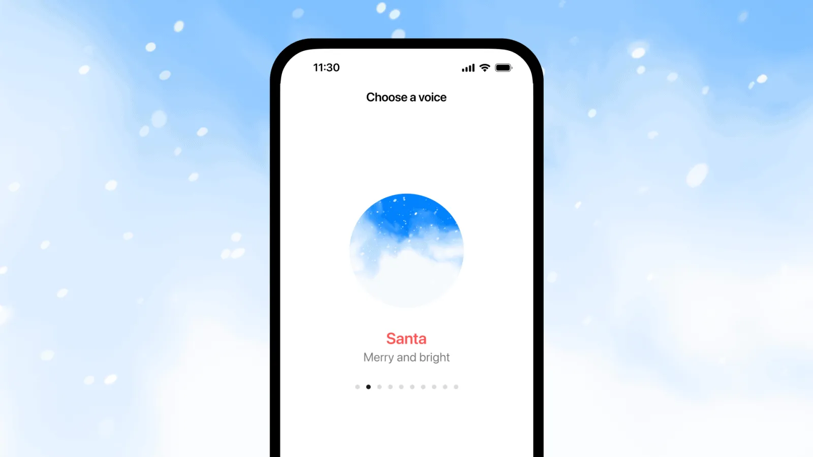Röstvalsskärm i ChatGPT-appen med rösten Santa vald och beskrivningen Merry and bright