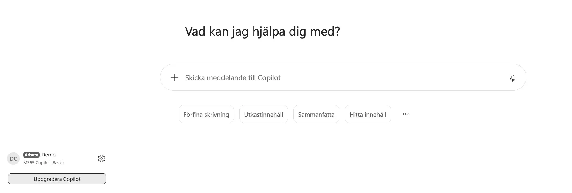 Copilot Chat med etiketten M365 Copilot (Basic) längst ner till vänster