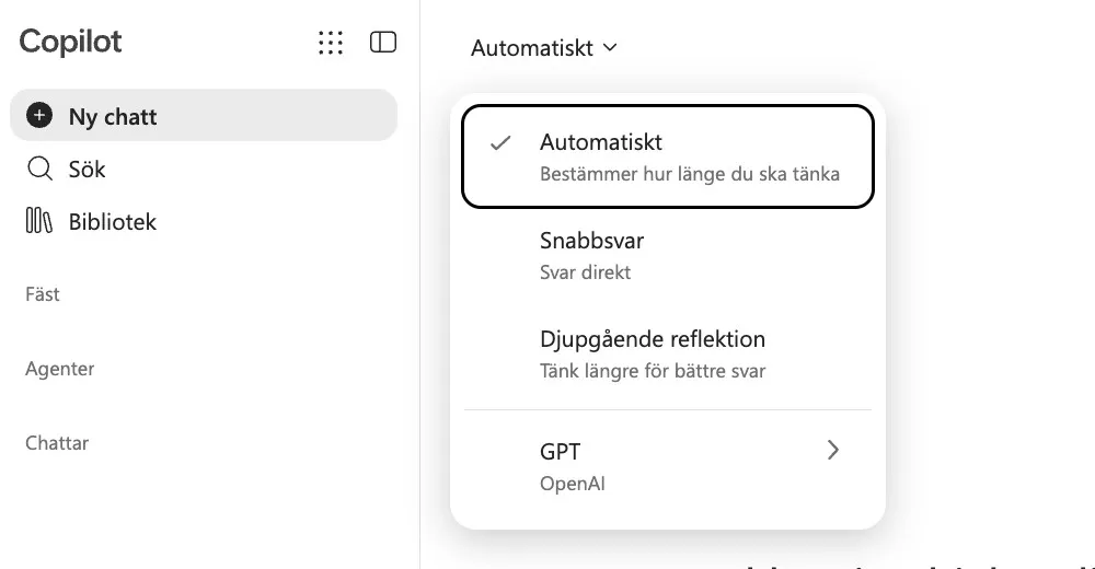 Svarslägesväljaren i Copilot Chat med Automatiskt, Snabbsvar och Djupgående reflektion