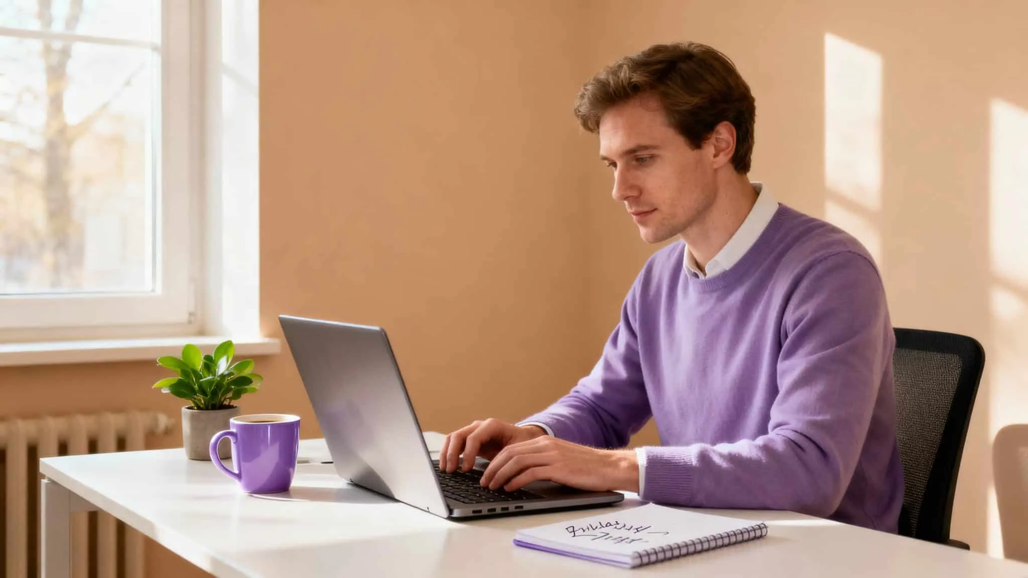 Person i lila tröja arbetar med laptop vid ett skrivbord med anteckningsblock och kaffekopp