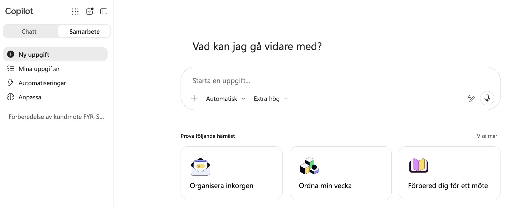 Cowork i Microsoft 365 Copilot med fliken Samarbete, en ny uppgift och förslag som Organisera inkorgen