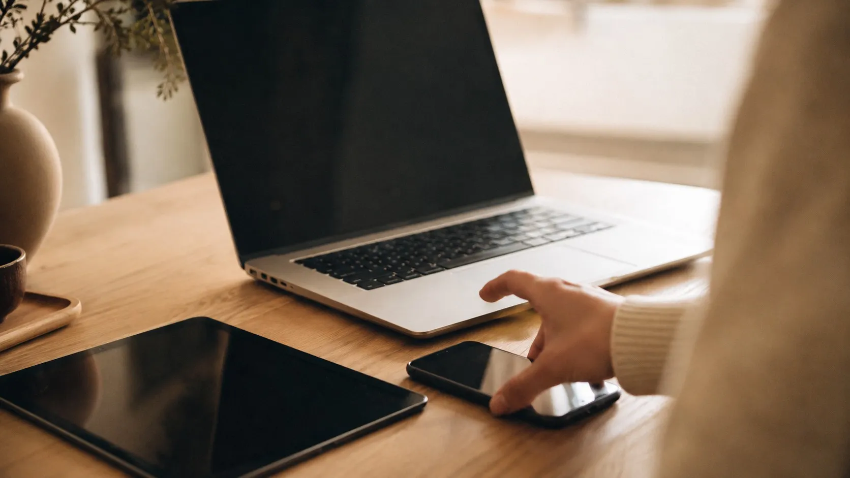 En mobiltelefon, en surfplatta och en laptop på ett skrivbord, en hand sträcker sig efter mobilen