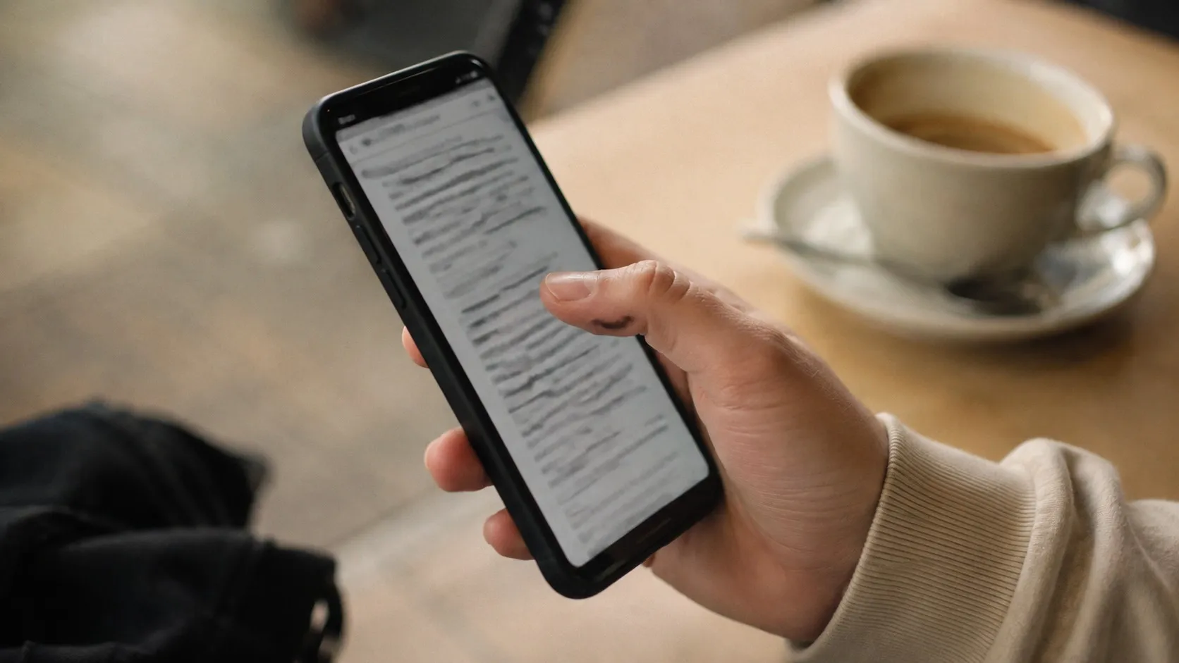 En person scrollar förbi en text på mobilen vid ett kafébord