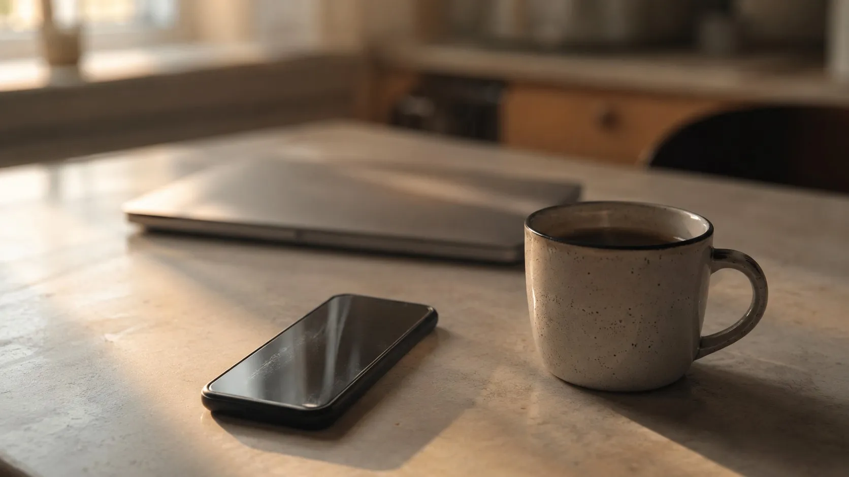Kaffekopp och mobiltelefon på ett köksbord i tidigt morgonljus med stängd laptop i bakgrunden
