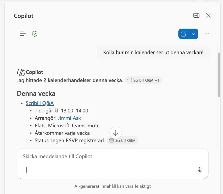 Copilot Chat i Outlook sammanfattar veckans kalenderhändelser