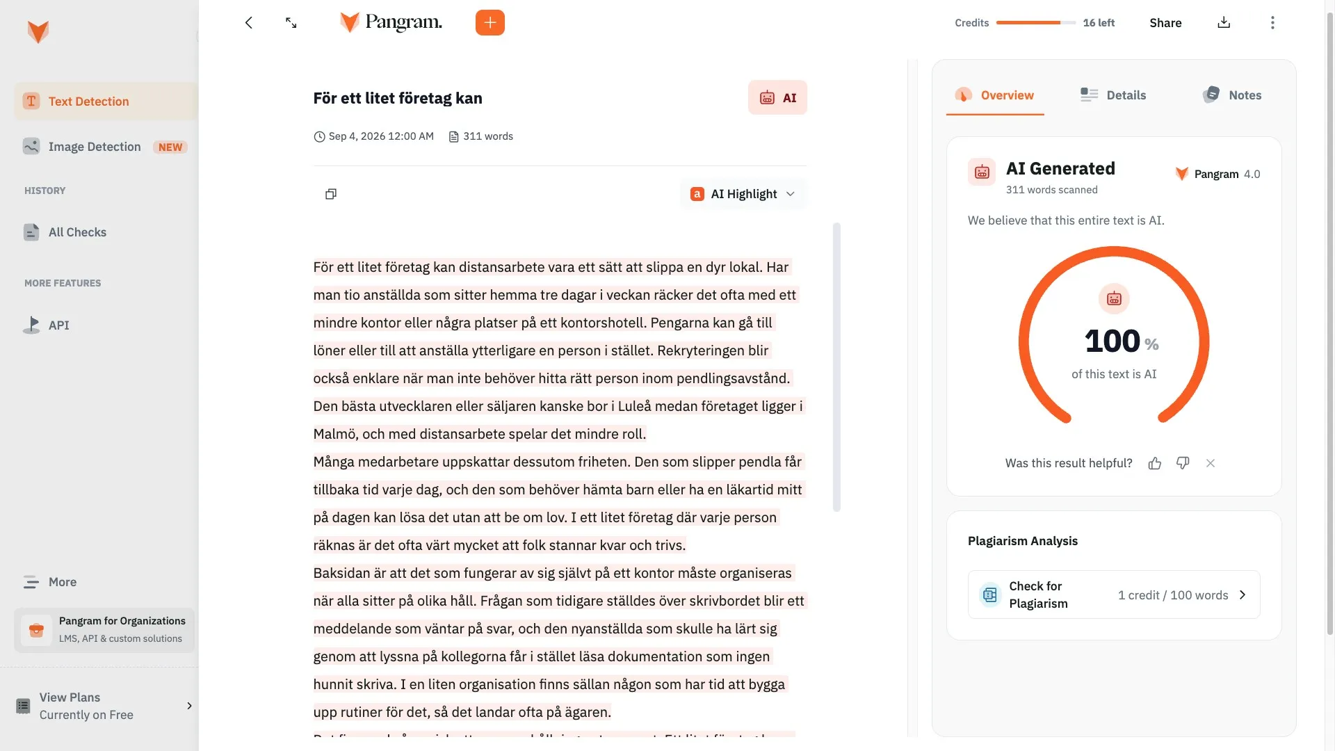 Pangram bedömer en svensk text på 311 ord om distansarbete som 100 procent AI-genererad