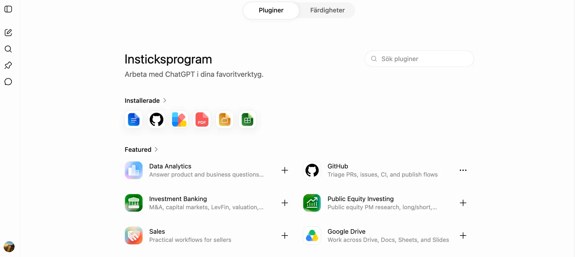 Pluginkatalogen i ChatGPT med installerade och utvalda tillägg