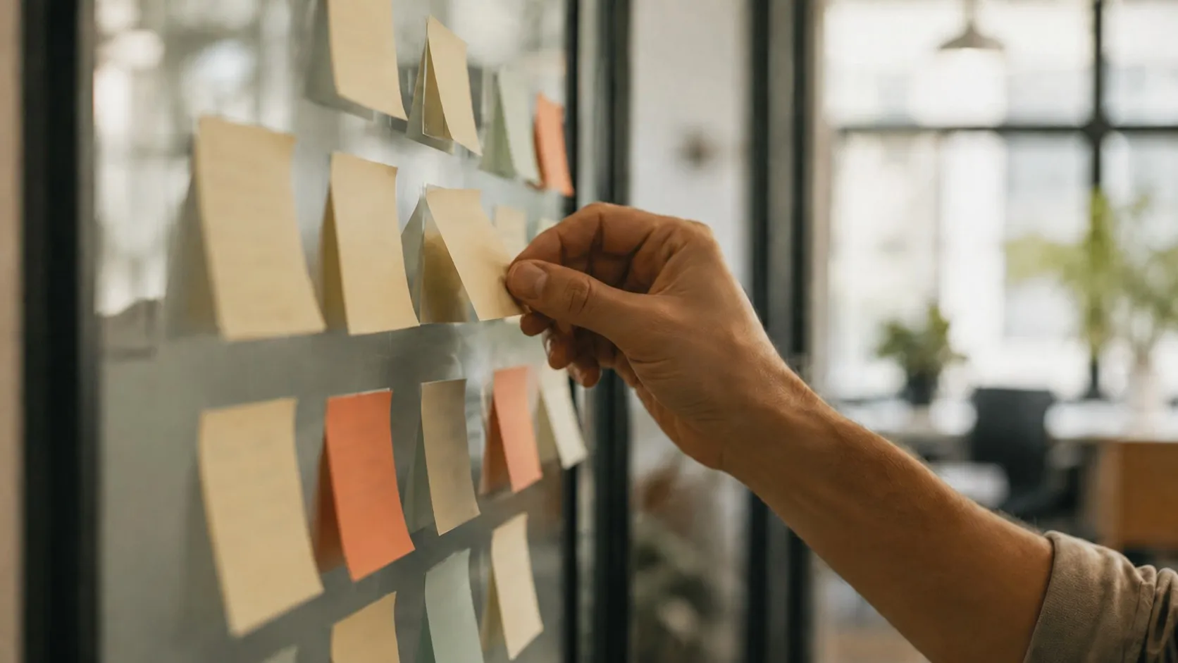 En hand fäster en post-it-lapp på en glasvägg med rader av lappar i ett ljust kontor