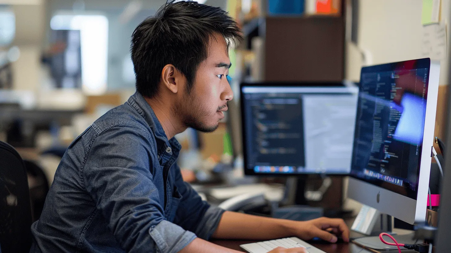 Programmerare framför två skärmar med kod, illustrerar träningsprocessen för en språkmodell