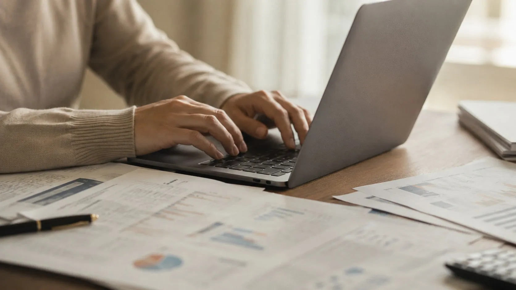 Händer skriver på en laptop med utskrivna rapporter och diagram bredvid tangentbordet