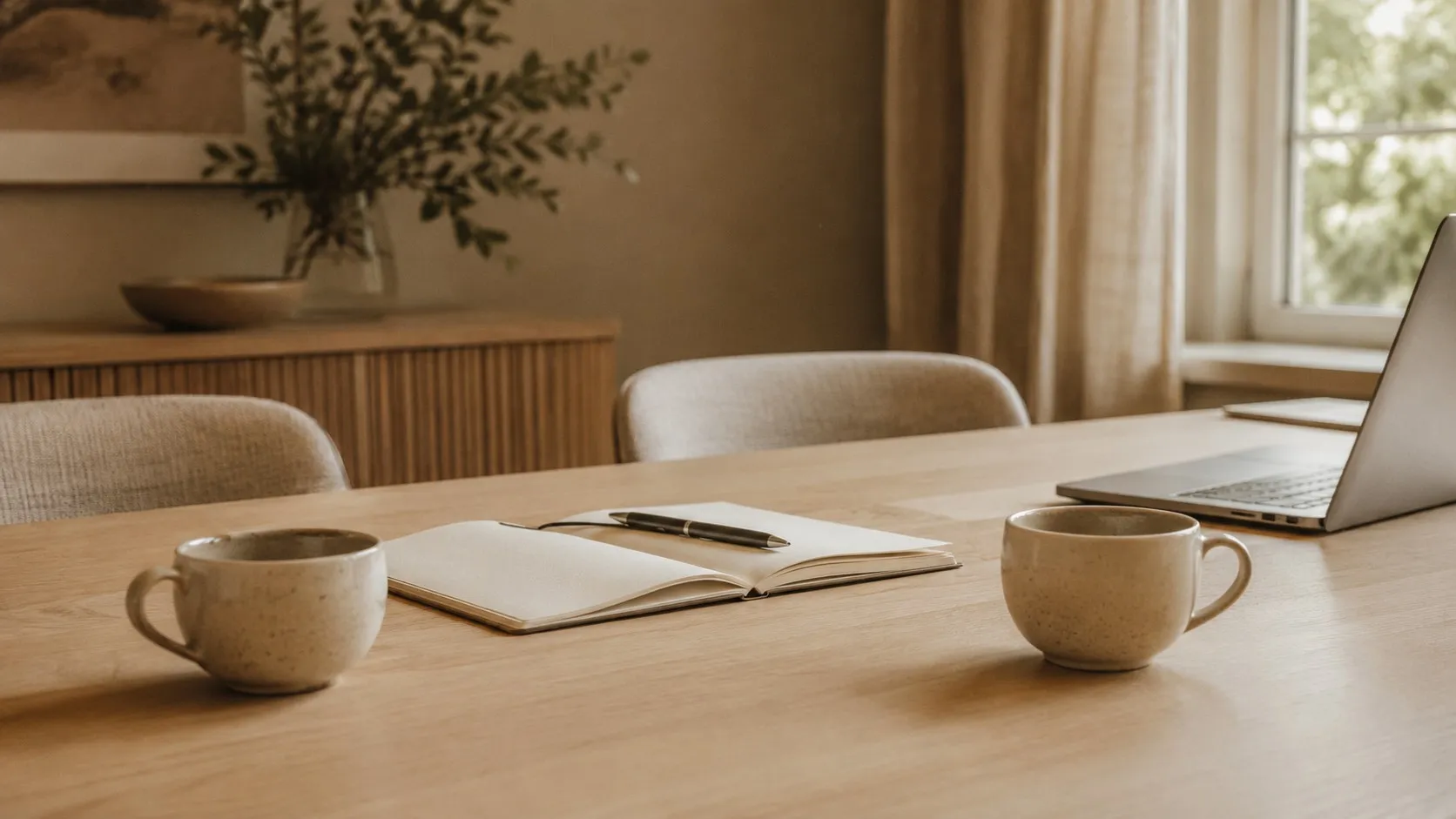 Två kaffekoppar och ett uppslaget anteckningsblock på ett mötesbord, redo för ett samtal