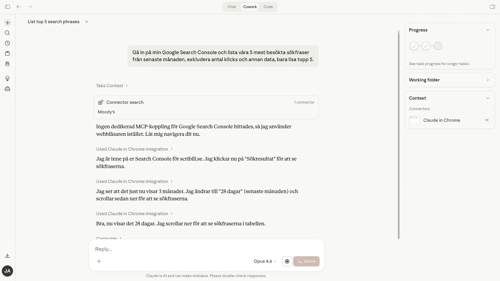 Claude Cowork navigerar Google Search Console via webbläsaren och hämtar sökfrasdata