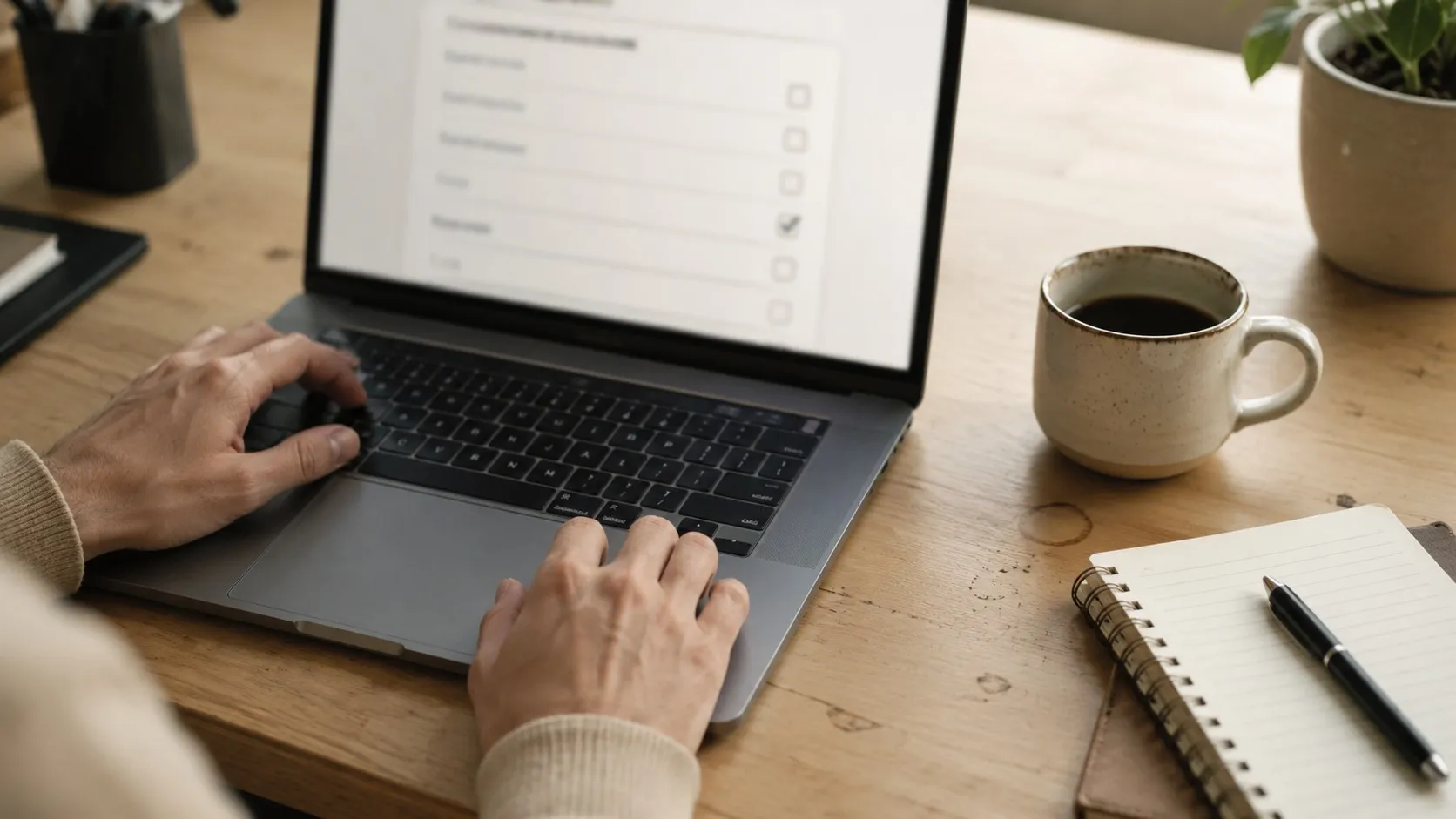 Två händer vid en laptop fyller i ett formulär med kryssrutor, bredvid en kaffekopp och ett anteckningsblock