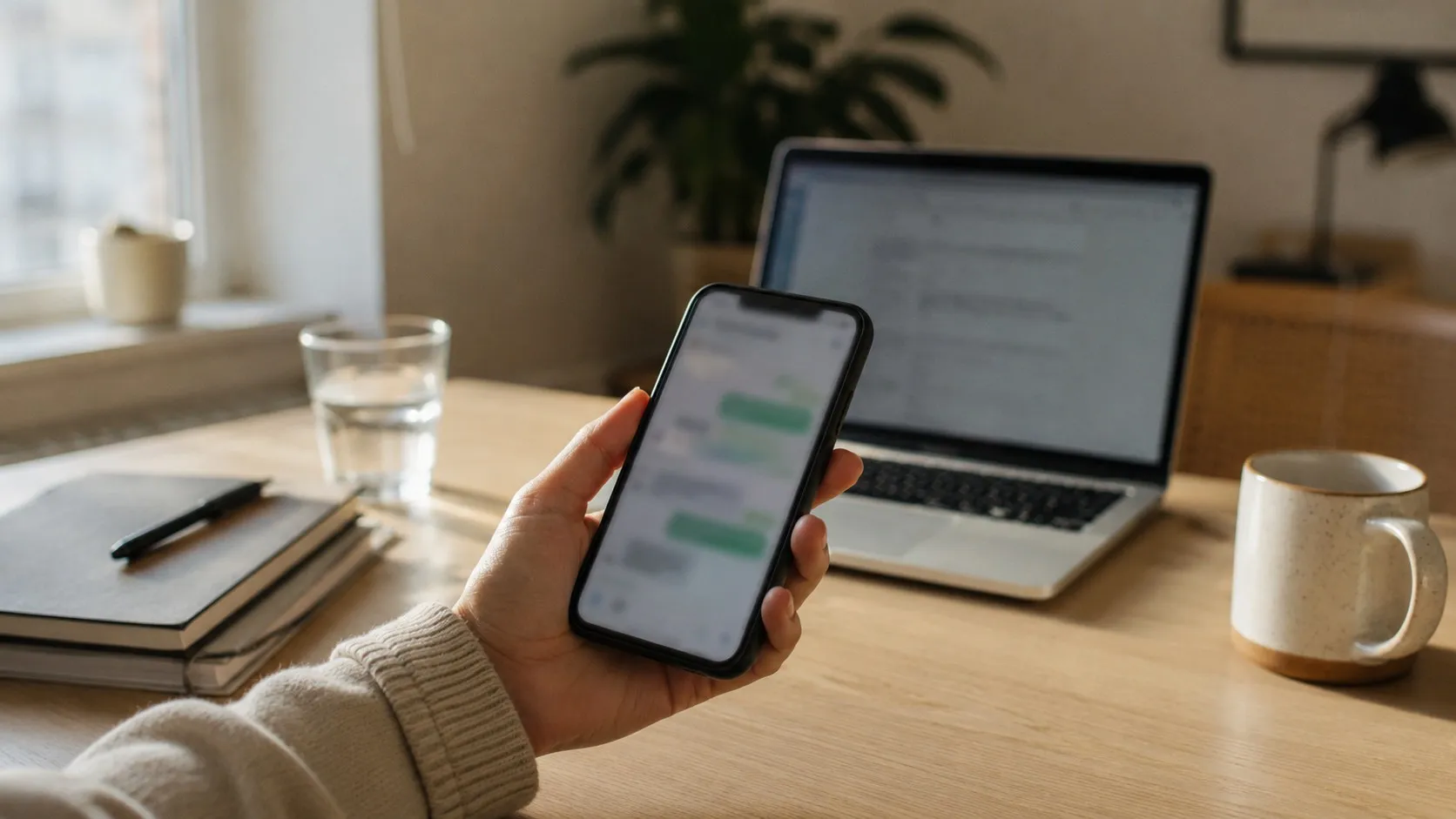 En hand håller en mobiltelefon med en chattapp öppen framför en jobblaptop
