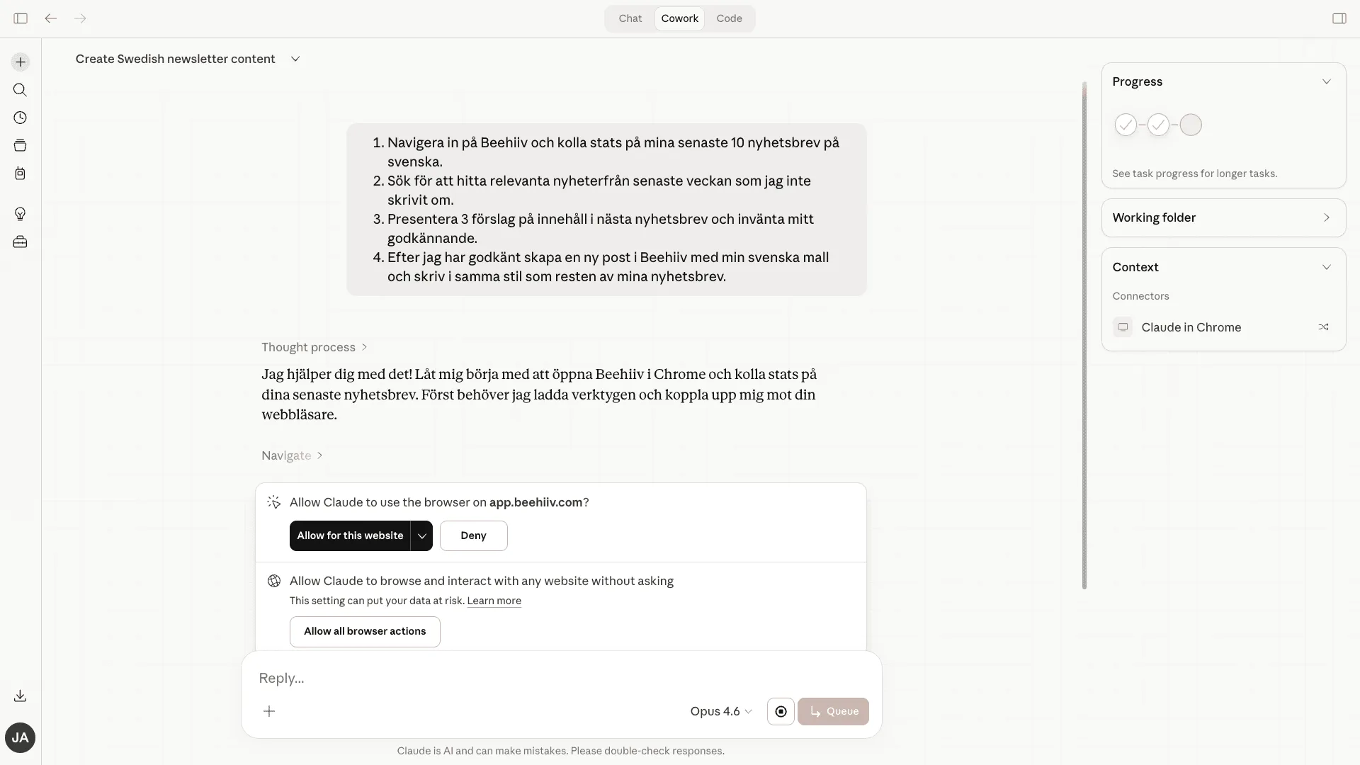 Claude Cowork planerar en uppgift med todo-lista och webbläsarbehörighet i Claude Desktop