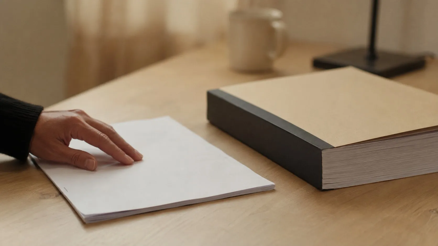 Ett tunt häftat dokument och en tjock inbunden rapport sida vid sida på ett skrivbord, en hand vilar på det tunna dokumentet