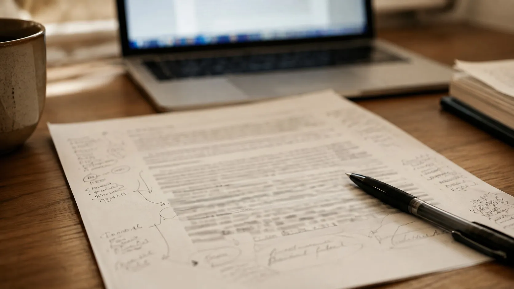 Ett utskrivet textutkast fullt av handskrivna anteckningar i marginalen, med en laptop i bakgrunden