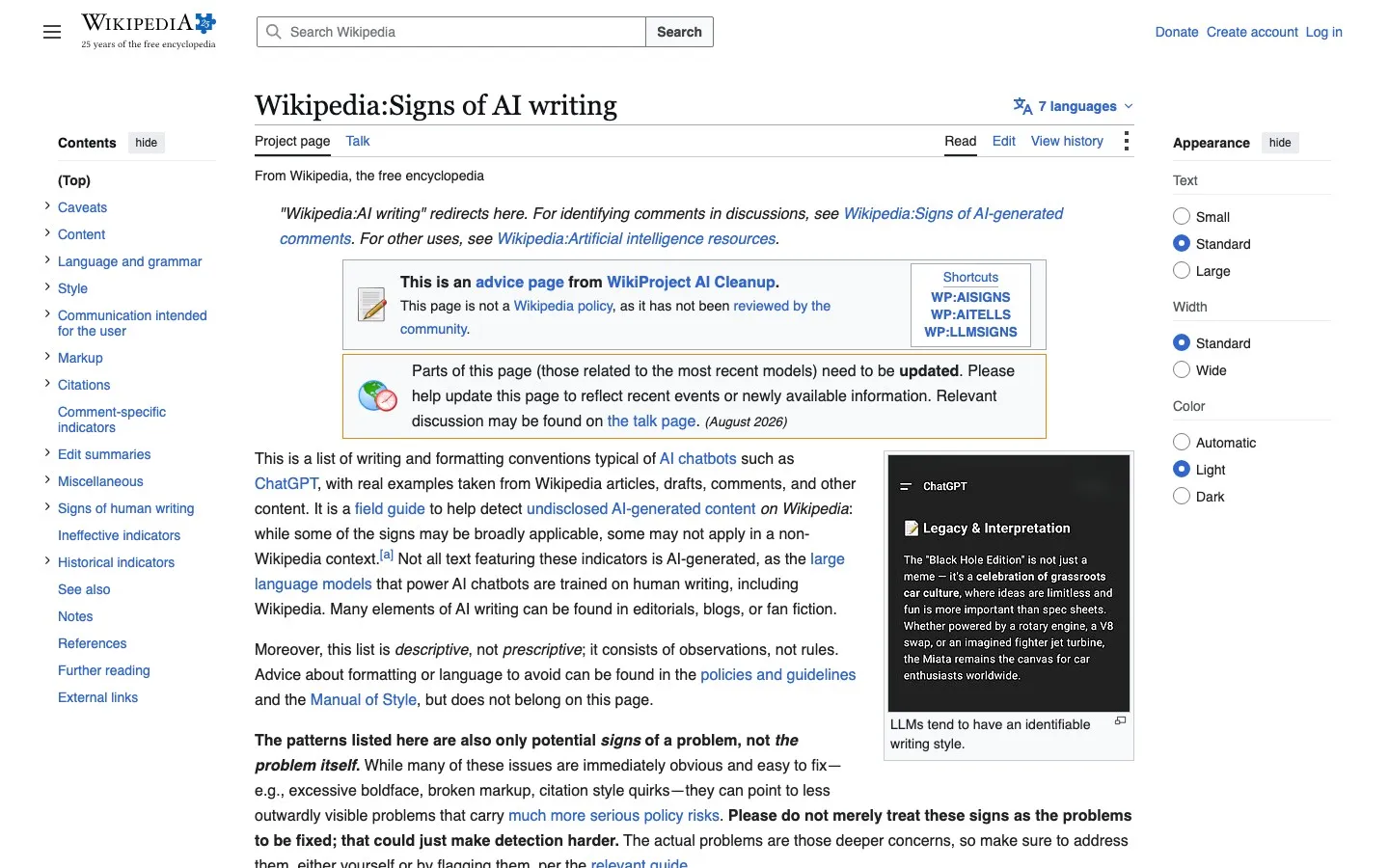 Wikipedias sida Signs of AI writing, en lista över skrivmönster som är typiska för AI-chattbottar