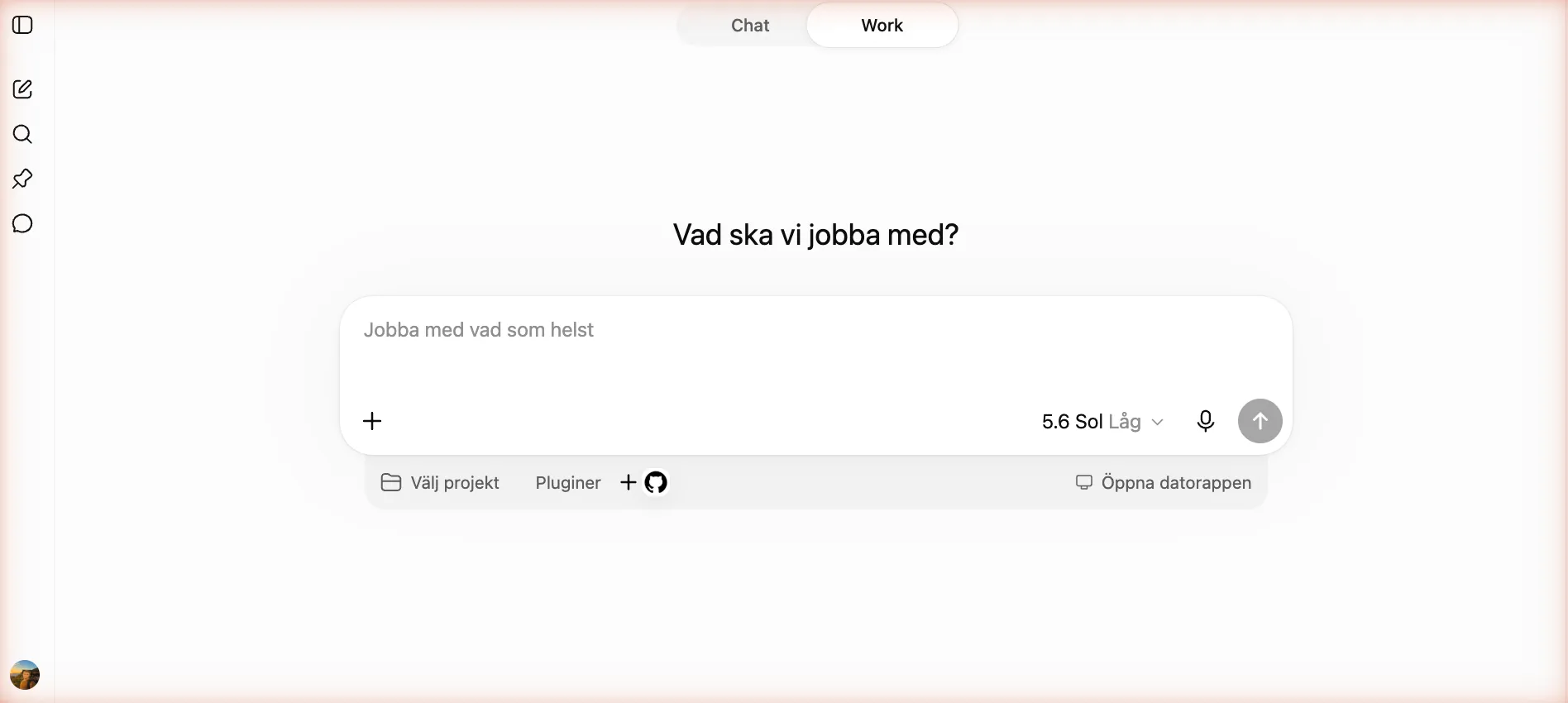 Work-läget i ChatGPT med växeln mellan Chat och Work och rutan Jobba med vad som helst